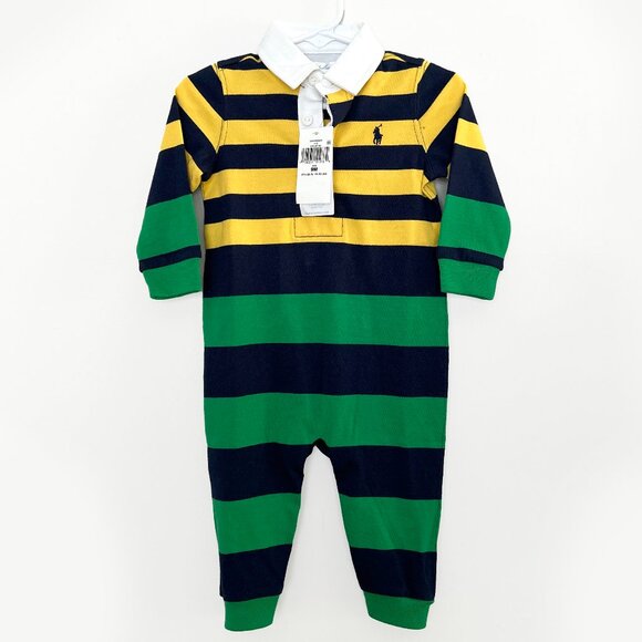 NWT - Infant 9 Month Ralph Lauren Baby Boys Striped Cotton Jersey Rugby Coverall - Picture 2 of 6
